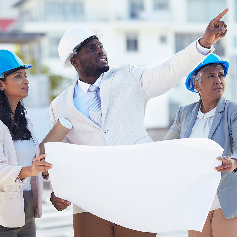 Architecture, engineering and team with blueprint for planning, building strategy and vision in city. Construction site, property development and contractors with illustration, design and floor plan